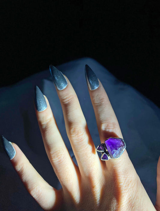 Rough Chunk & Faceted Amethyst Ring