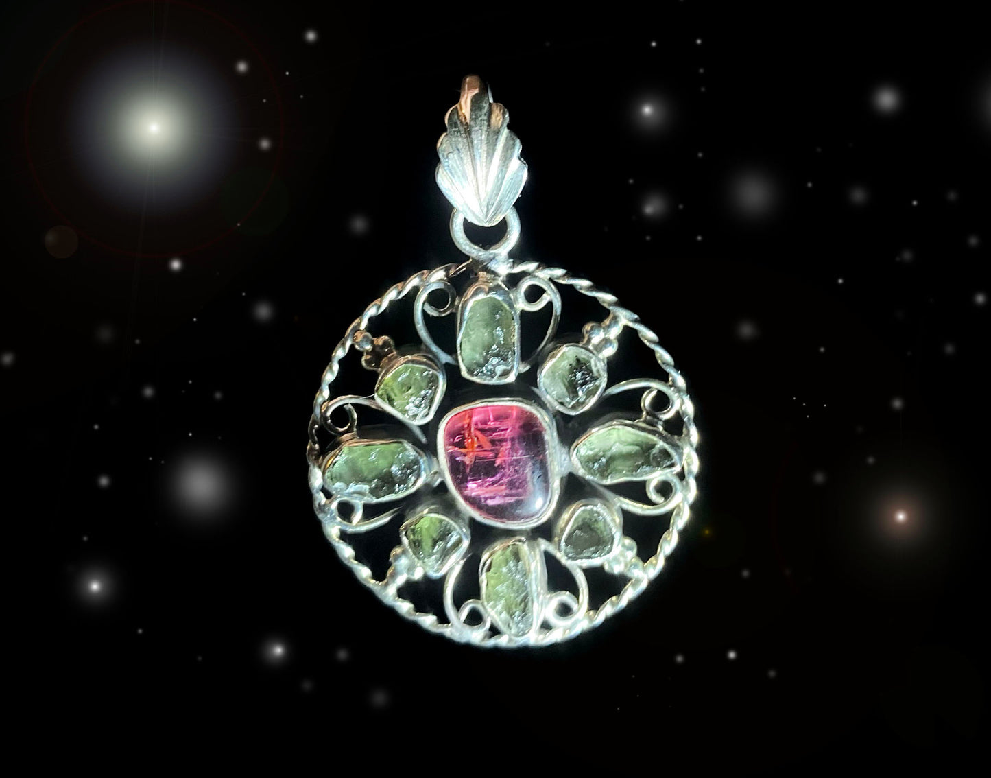 Moldavite & Pink Tourmaline Flower Pendant