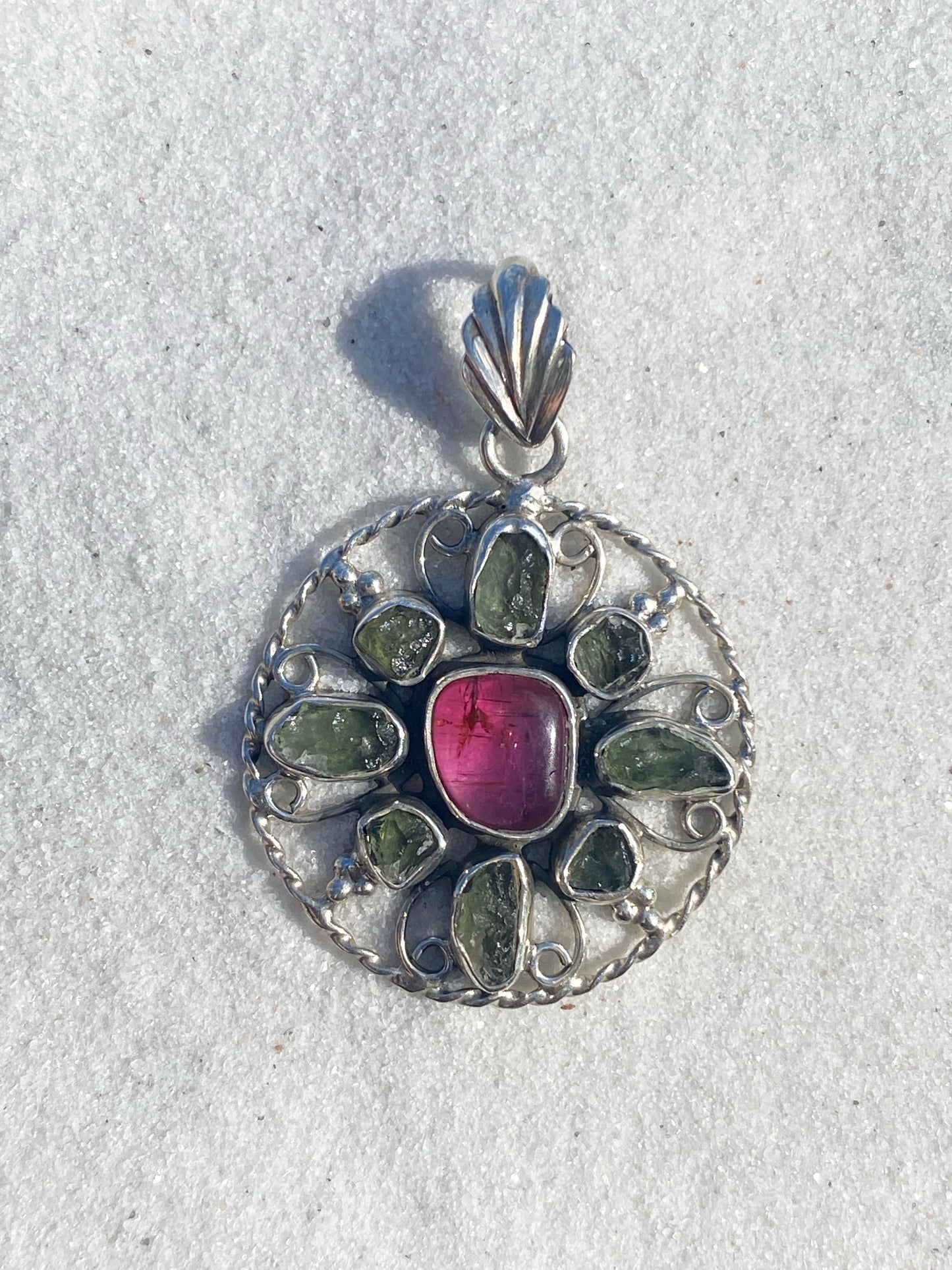 Moldavite & Pink Tourmaline Flower Pendant