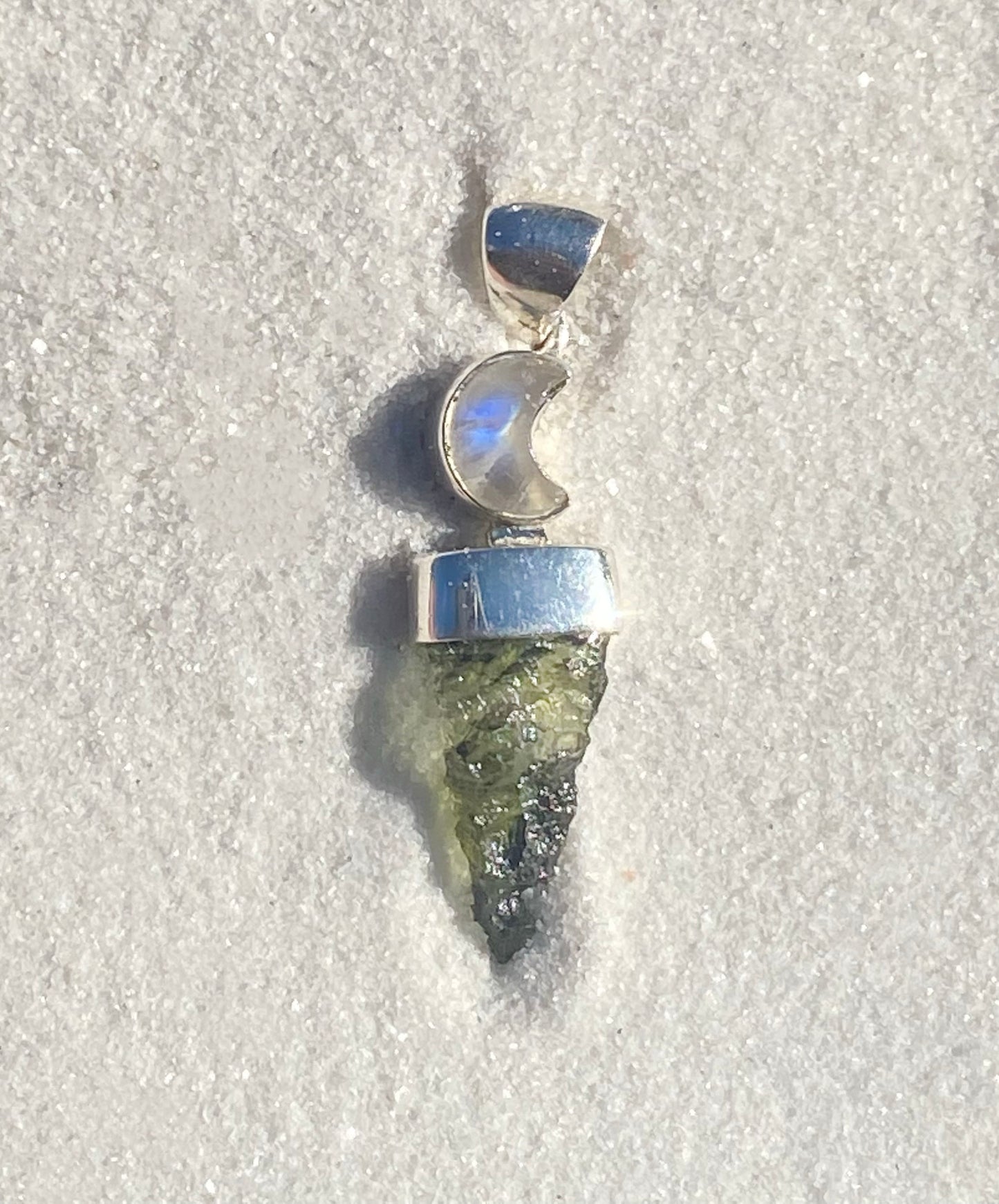 Moonstone Moon & Rough Moldavite Pendant