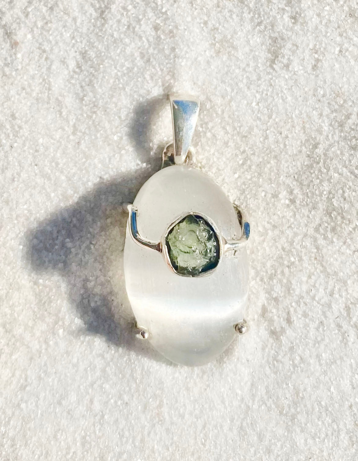 Selenite Oval w/ Rough Moldavite Pendant