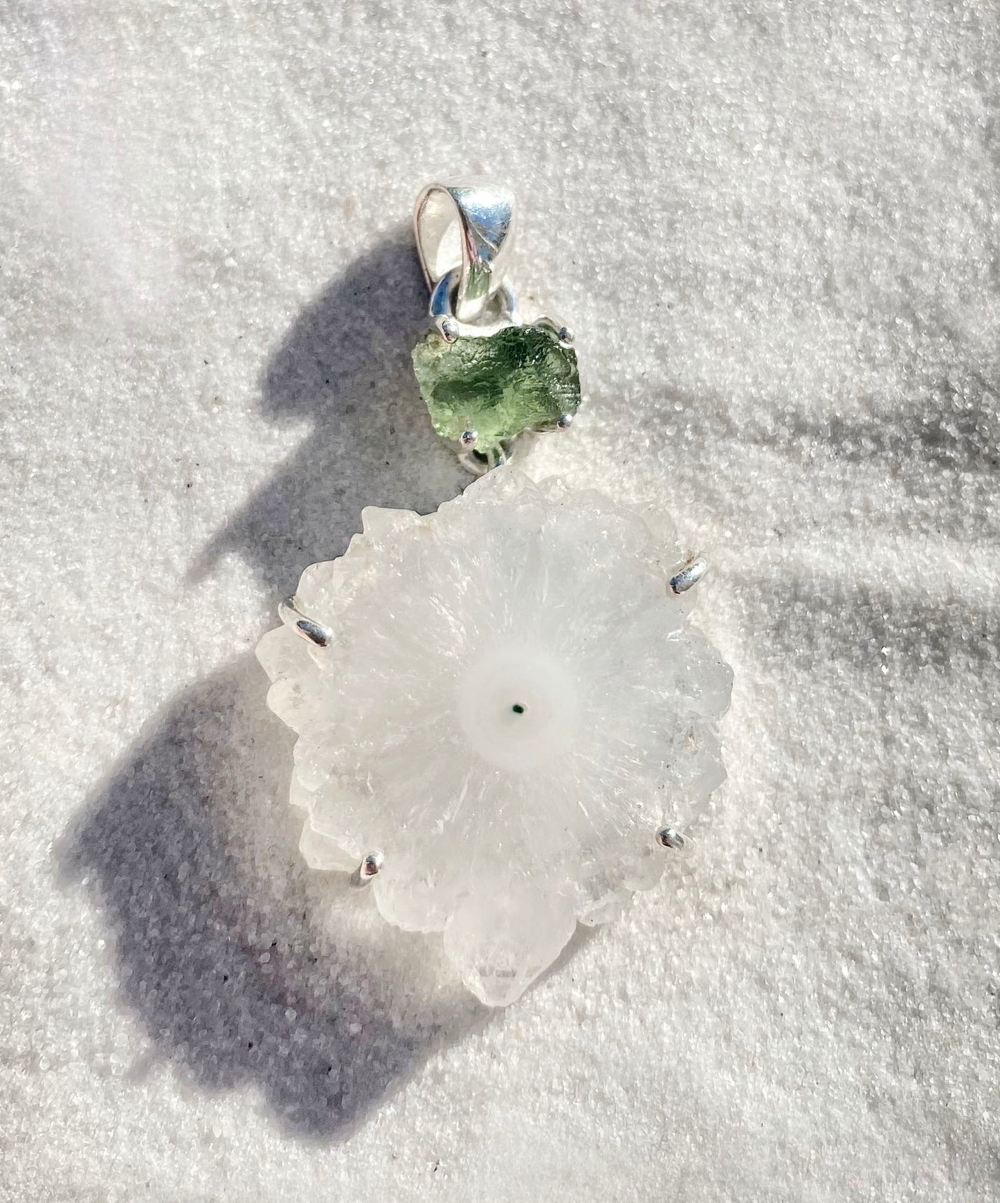 Rough Moldavite & Stalactite Slice Necklace