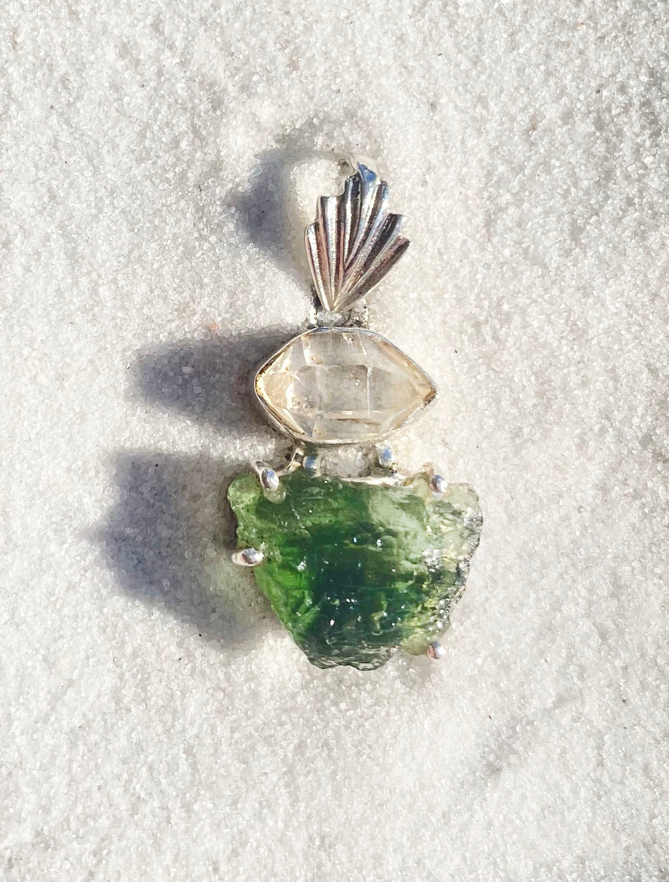 Rough Herkimer Diamond & Rough Moldavite Pendant