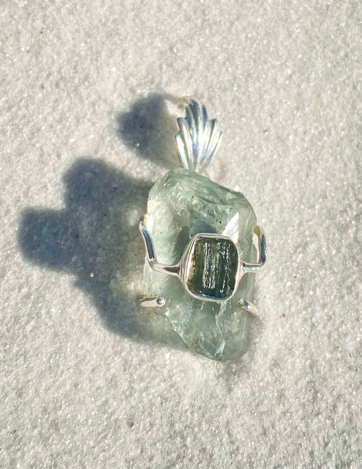 Rough Prasiolite & Rough Moldavite Pendant