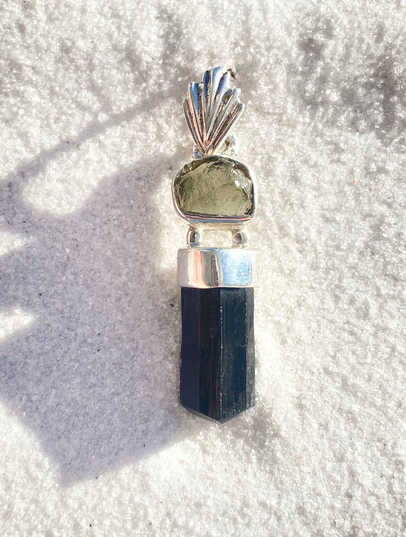 Rough Moldavite & Black Tourmaline Point Pendant