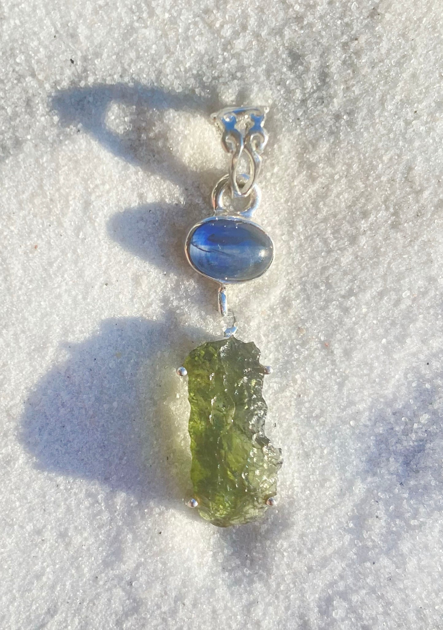 Rough Moldavite & Polished Kyanite Pendant