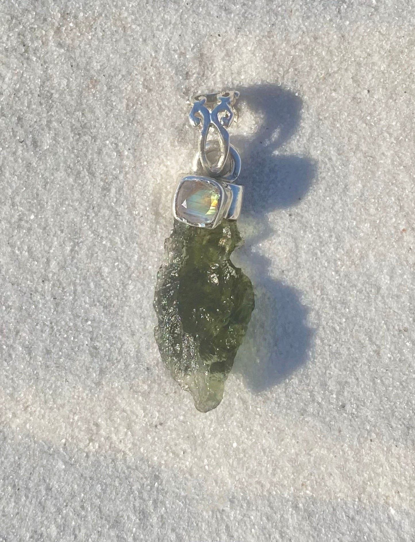 Rough Moldavite w/ Moonstone Pendant