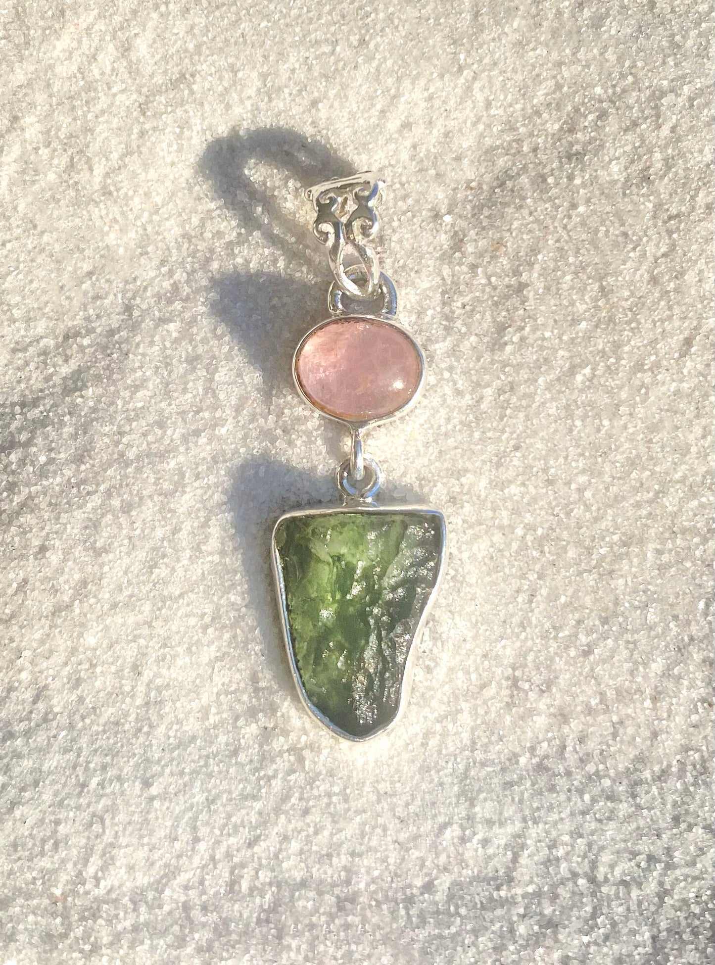 Pink Tourmaline & Rough Moldavite Pendant