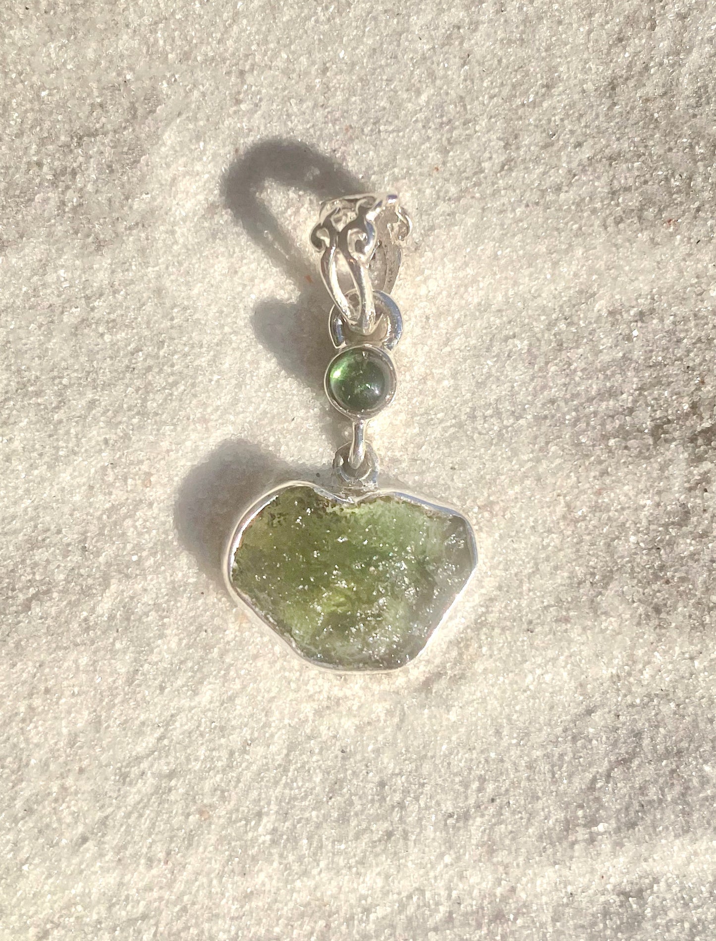 Green Tourmaline & Rough Moldavite Pendant