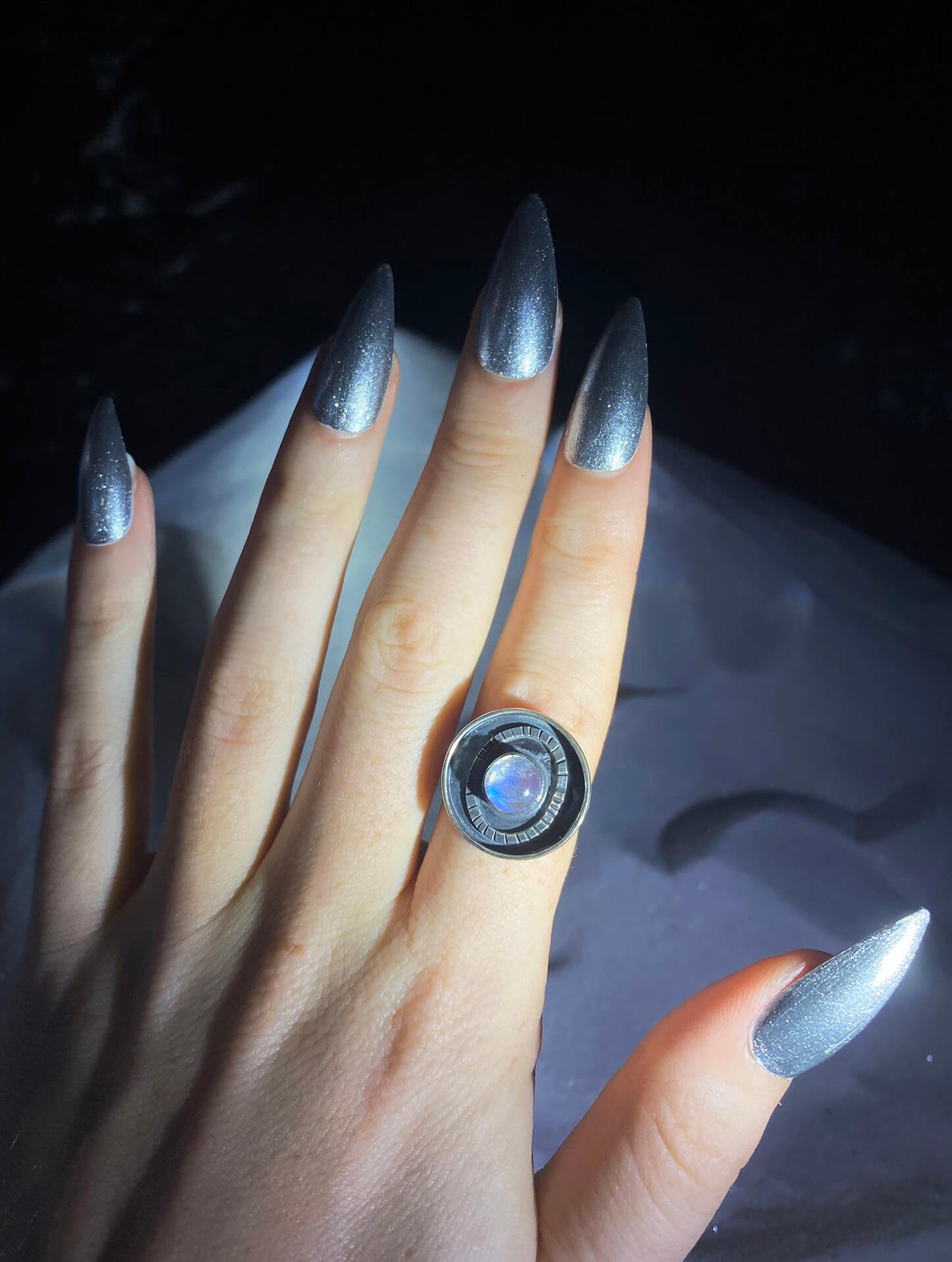 Circular Rainbow Moonstone Ring