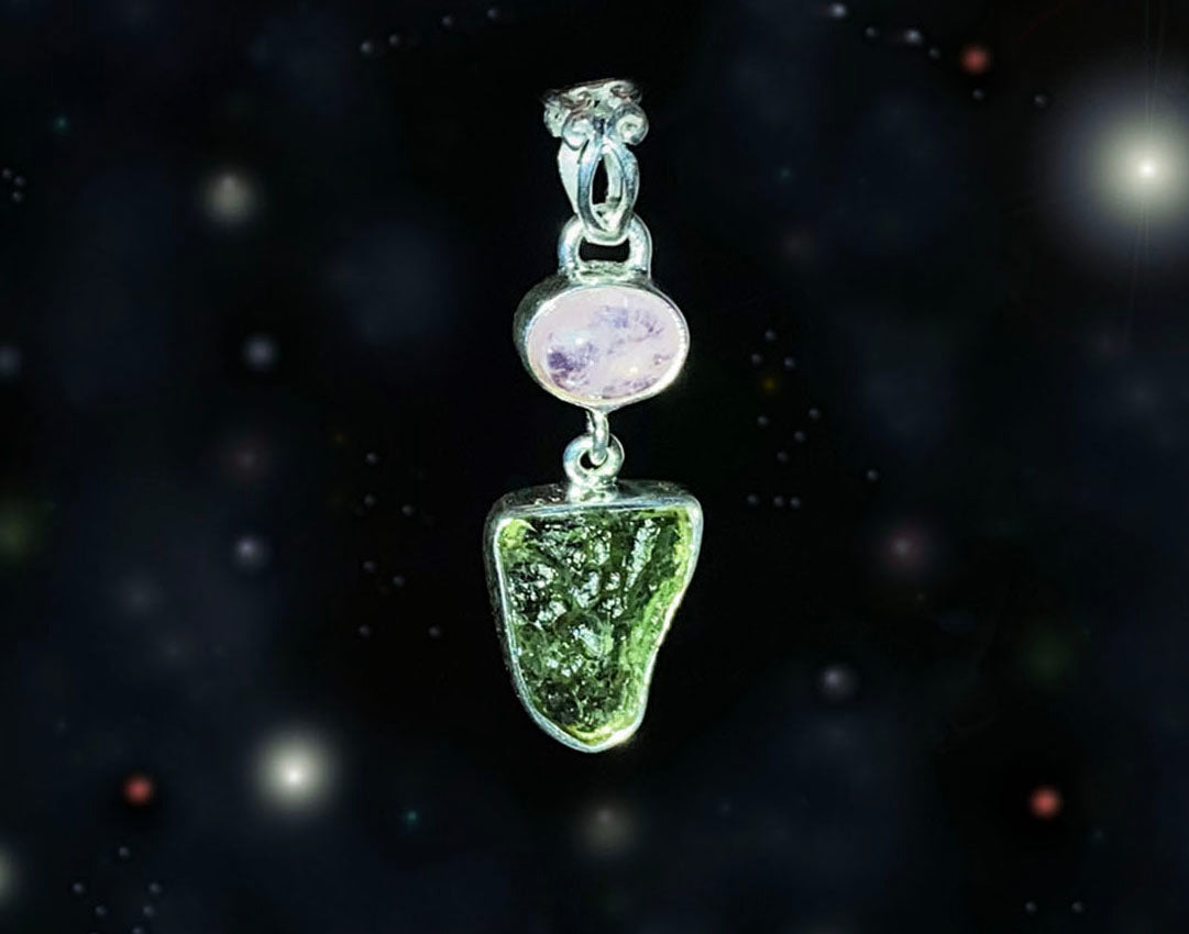 Pink Tourmaline & Rough Moldavite Pendant