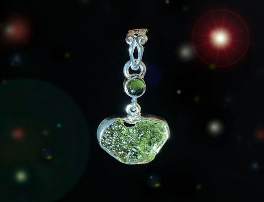 Green Tourmaline & Rough Moldavite Pendant